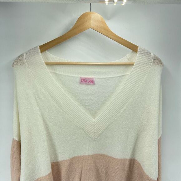 Pink Lily striped Pullover Sweater Long Sleeve V Neck Color Block Beige Large NW - Picture 6 of 10